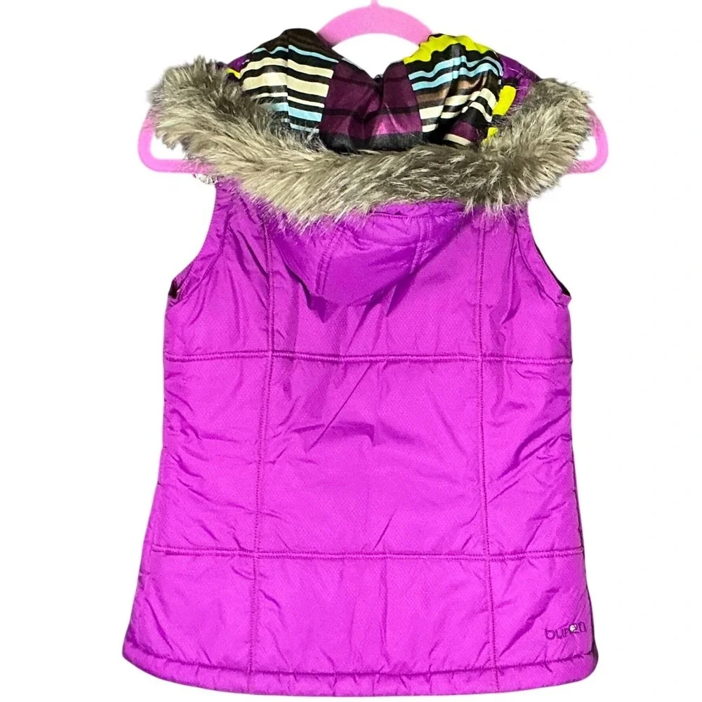 Burton Girls Sly Puffy Vest XS Purple Fur‎ Hood Snowboard Winter Ski Jacket